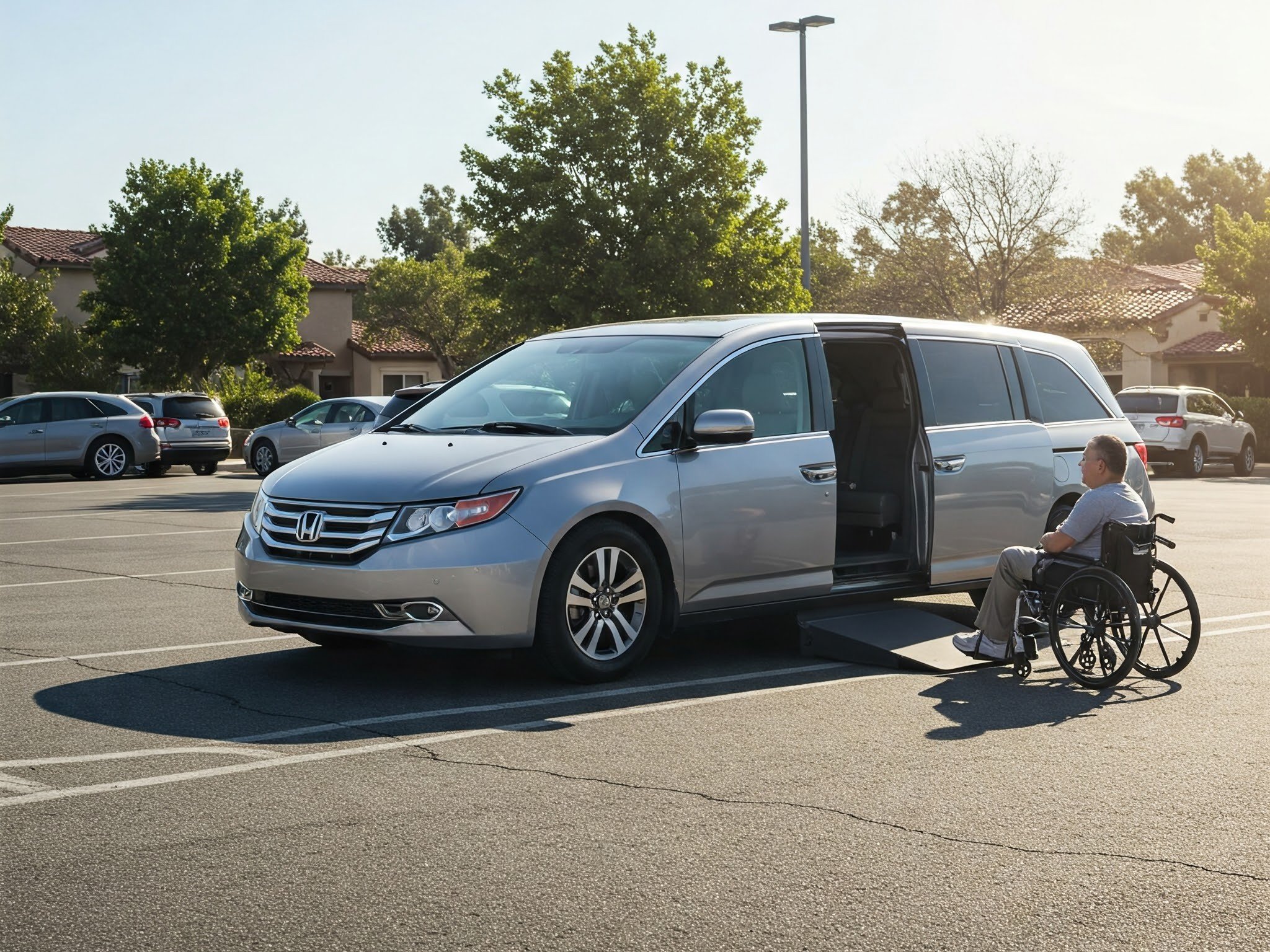 Wheelchair user entering a parked van.