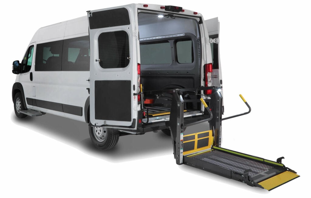 Ram ProMaster wheelchair van with a rear-entry lift extended.